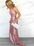 Mermaid Deep V Neck Criss Cross Straps Pink Sequin Prom Dress LBQ0389